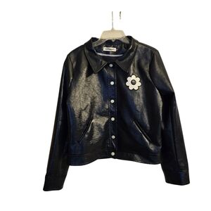 Hippocamp Paris Navy White Daisy Floral Faux Leather Jacket